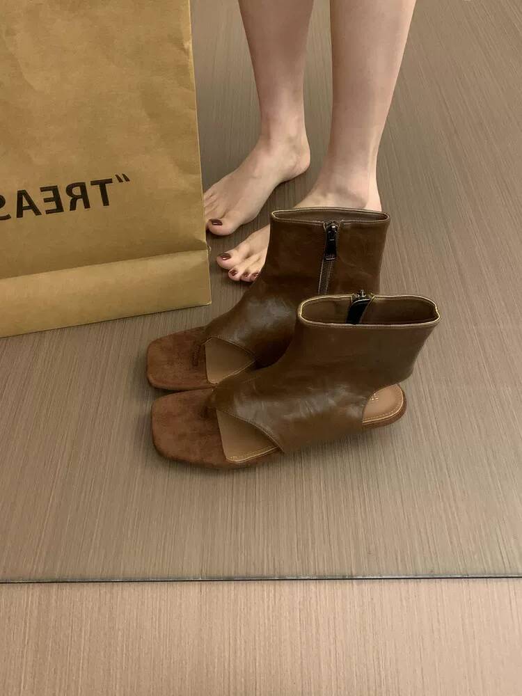 Women Shoes Zipper - 2026 Franse Retro Bruine Korte Enkellaarzen