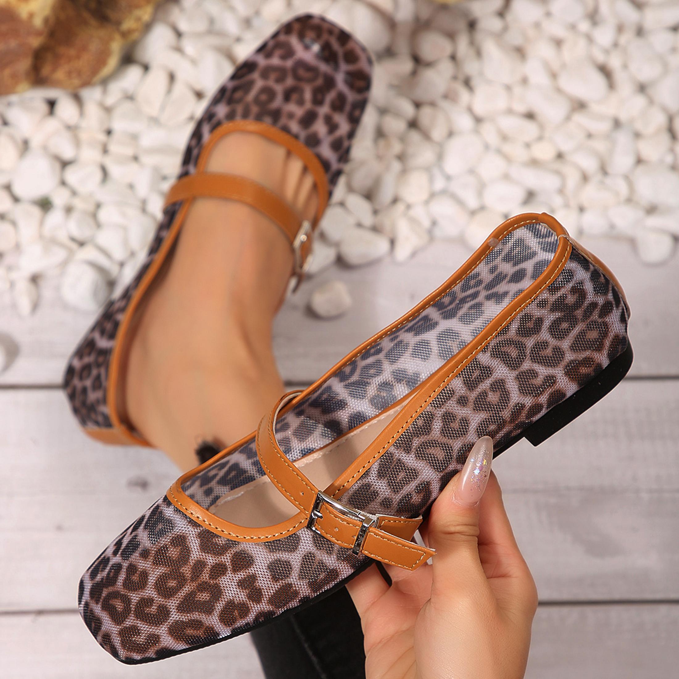 Shoes For Women Flats - Damesleopardenmesh-flats met vierkante neus, gespband, ademende
