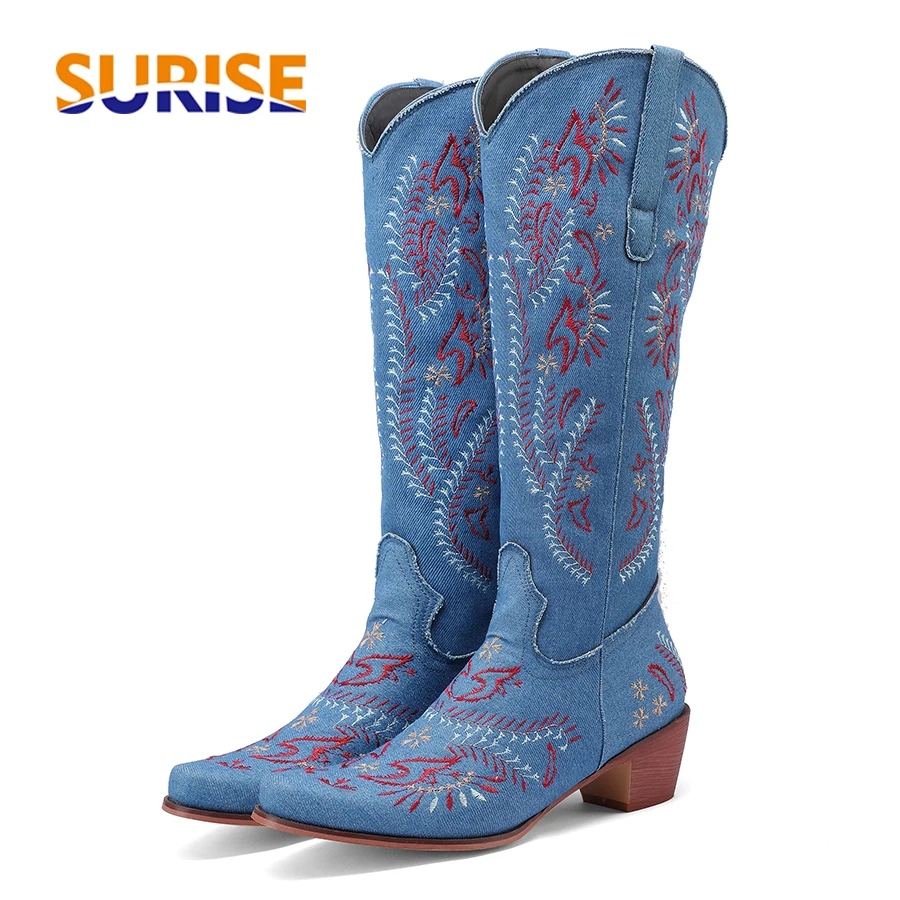 Western Cowgirl Boot - Blauwe denim westerse cowgirl kniehoge laarzen